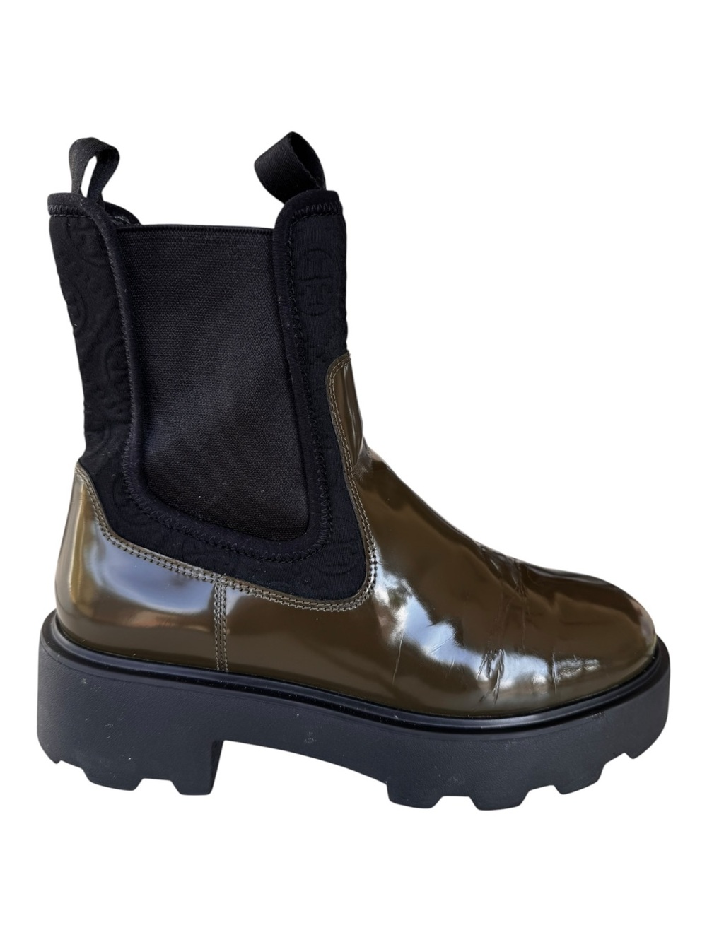Tory Burch Lug Sole Chelsea Boots Olive Green Patent Leather Knit Ankle SZ:8 NWT